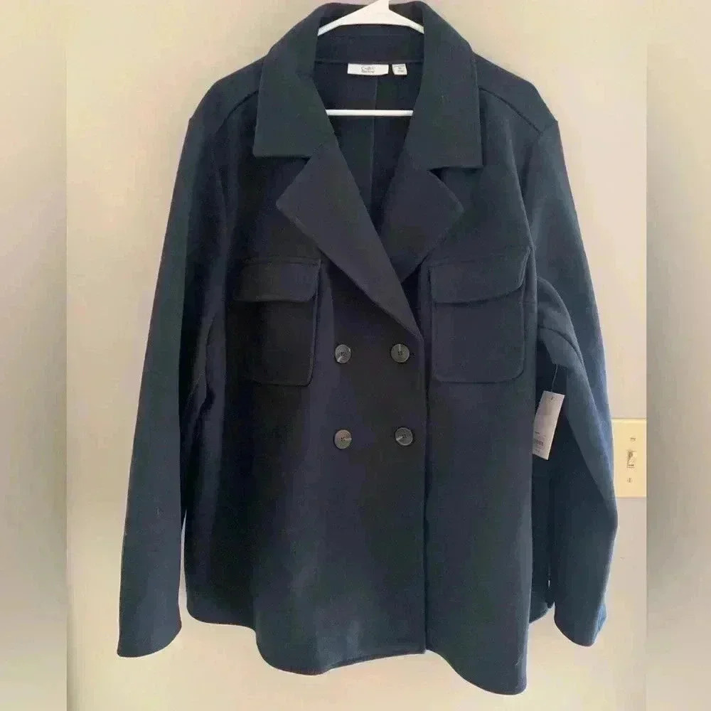 Woman’s Navy Croft & Barrow Plus Double Breasted Button Long Sleeve Pea Coat